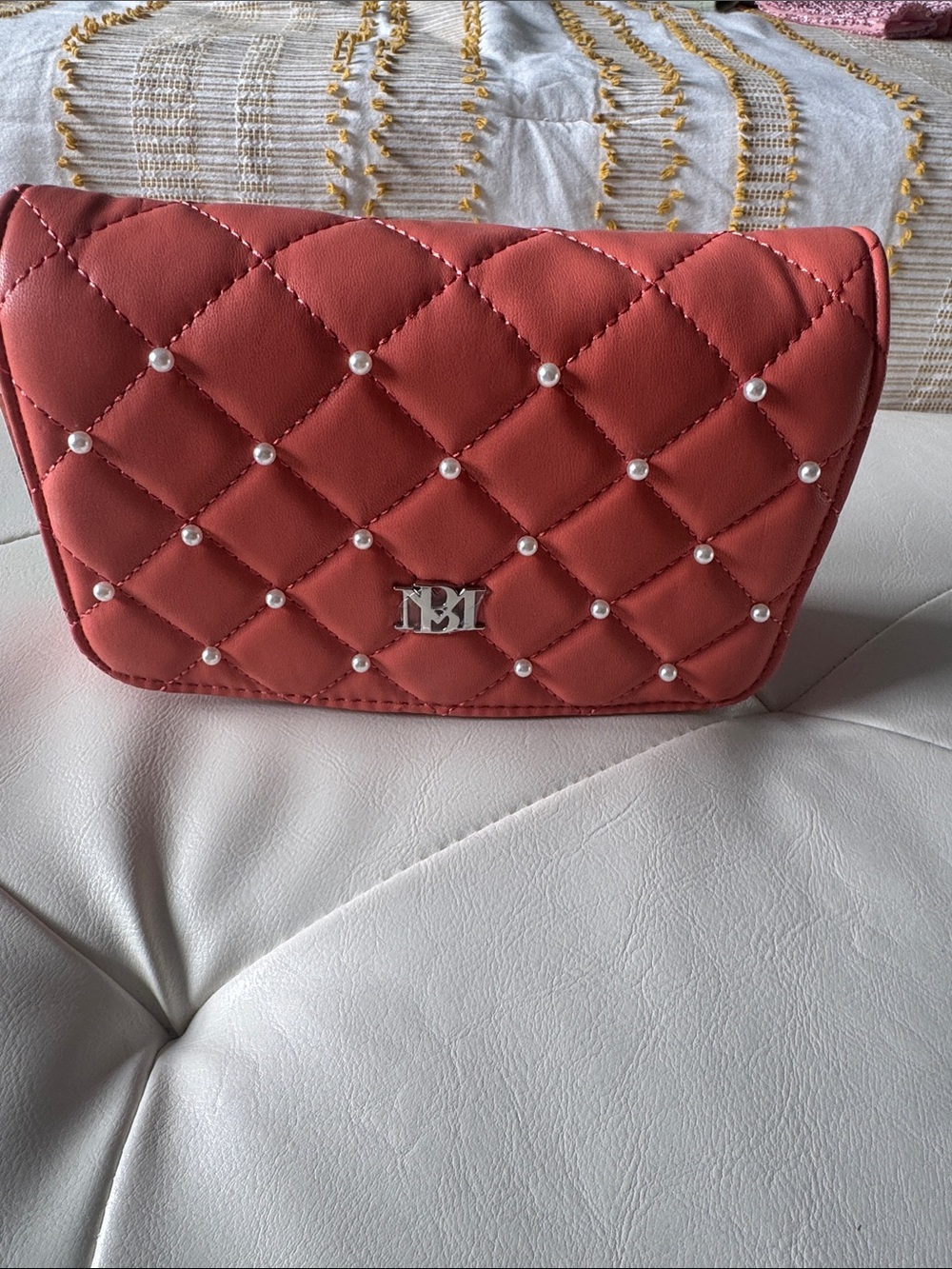 Badgley Mischka Coral Quilted Crossbody Bag with Pearl Accents